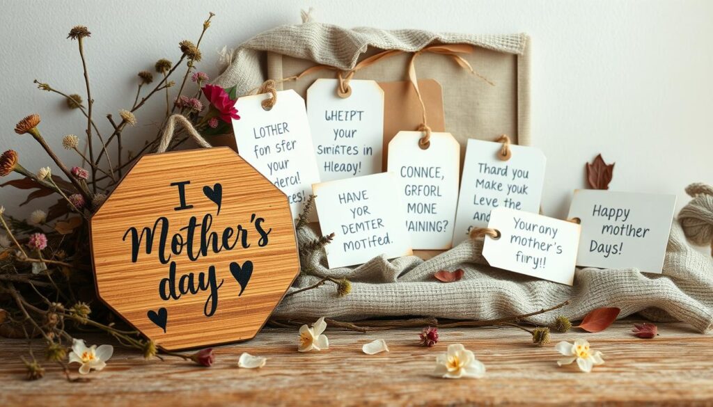 A handcrafted, rustic still-life scene showcasing various DIY Mother's Day sayings and messages. The foreground features a wooden plaque with a heartfelt handwritten phrase in a calligraphic style, surrounded by an assortment of natural elements like twigs, dried flowers, and leaves. The middle ground contains a collection of paper tags and cards with hand-painted or stamped sentimental quotes, nestled among neutral-toned fabrics and textured surfaces. In the background, a soft, warm lighting illuminates the scene, creating a cozy, intimate atmosphere that evokes a sense of homemade charm and heartfelt sentiments.