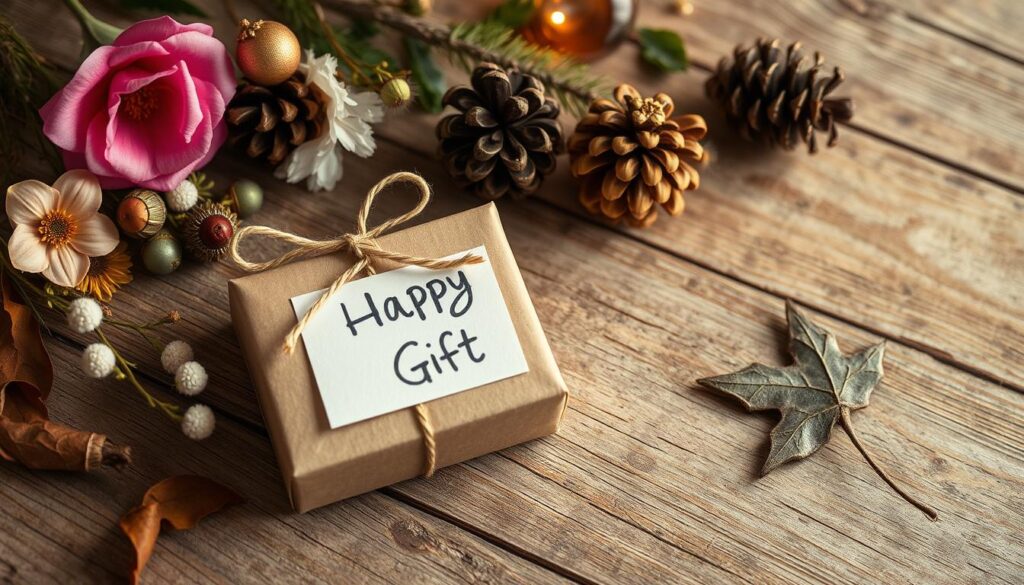 A handmade, personalized gift lays on a rustic wooden surface, surrounded by natural elements like fresh flowers, pine cones, and dried leaves. The gift is a unique, one-of-a-kind item, crafted with care and attention to detail. Soft, warm lighting illuminates the scene, creating a cozy, intimate atmosphere. The image conveys a sense of thoughtfulness, creativity, and the joy of giving a meaningful, homemade present. The overall composition is balanced and visually appealing, with a focus on the handmade gift as the central subject.