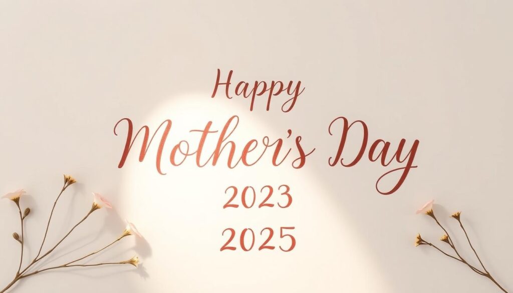 A handwritten calligraphic composition featuring heartfelt Mother's Day greetings for the year 2025. The text is elegantly written in a cursive script with a warm, organic feel, using a mix of playful flourishes and classic serif letterforms. The composition is set against a soft, pastel-colored background, evoking a sense of tenderness and affection. The layout is balanced and visually appealing, with the text taking center stage and complemented by delicate floral or botanical elements strategically placed around the edges. Subtle lighting from above casts gentle shadows, adding depth and dimensionality to the scene. The overall mood is one of heartfelt sincerity, capturing the spirit of honoring and celebrating mothers with genuine sentiment.
