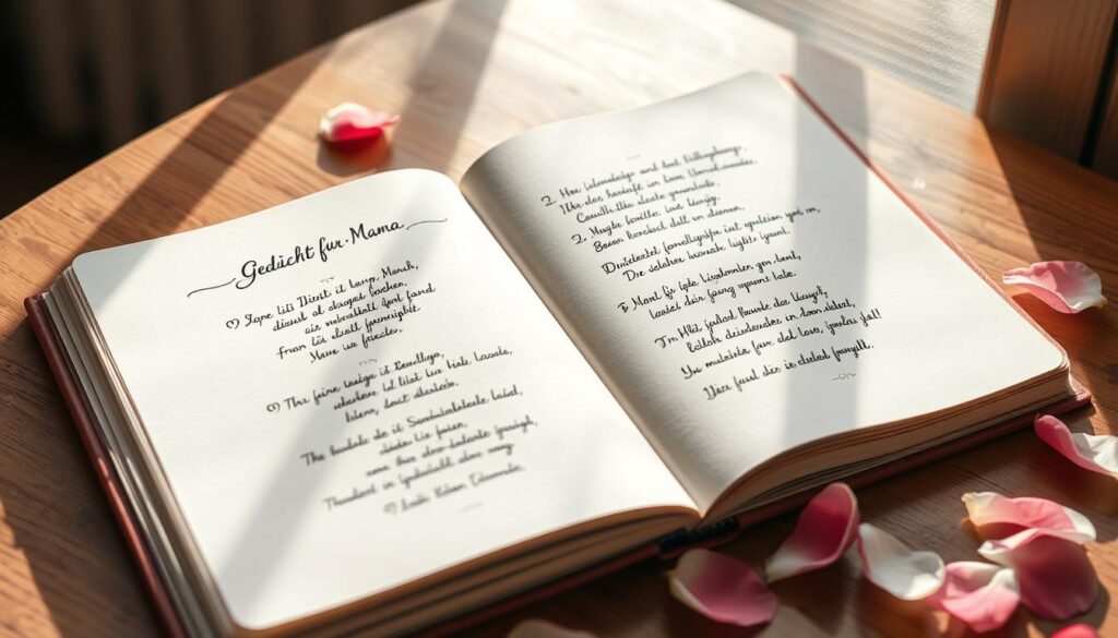 A handwritten collection of heartfelt "Gedichte für Mama" lies open on a wooden table, its pages softly illuminated by natural light streaming through a nearby window. The poems are written in a delicate calligraphic script, reflecting the love and gratitude expressed within. Surrounding the book are scattered petals, perhaps from a bouquet of flowers, adding a touch of affection and sentimentality to the scene. The overall mood is serene, intimate, and celebrates the special bond between a mother and child.
