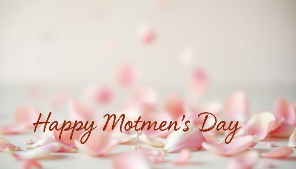 A handwritten cursive script fills the foreground, its delicate strokes forming sentimental words of affection. The writing is rendered in warm, earthy tones, evoking a sense of heartfelt emotion. In the middle ground, soft, blurred petals in pastel hues drift gently, creating a dreamy, romantic atmosphere. The background is a serene, muted gradient, allowing the loving words and delicate floral elements to take center stage. Subtle natural lighting casts a gentle glow, highlighting the tender, intimate nature of the scene. The overall composition conveys the deep meaning and significance of loving words, particularly in the context of a mother's day celebration.