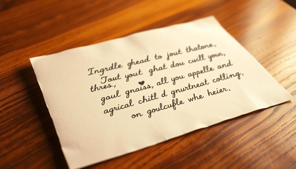 A handwritten letter on cream-colored stationery, its edges slightly worn, resting on a polished wooden table. The text is penned in a flowing, elegant script, conveying the heartfelt sentiments of a partner expressing their gratitude and appreciation. Warm, soft lighting casts a gentle glow, creating a cozy, intimate atmosphere. The background is slightly blurred, allowing the letter to be the focal point, drawing the viewer's attention to the meaningful words. The image evokes a sense of thoughtfulness, sincerity, and the cherished bond between partners.