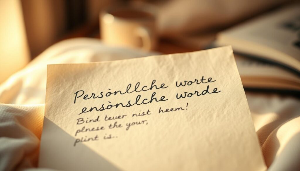 A handwritten letter on soft, cream-colored paper, the words "Persönliche Worte" written in a delicate cursive script. The letter is open, revealing a heartfelt message of emotional support, the writer's own words expressed with care and sincerity. Warm, natural lighting casts a gentle glow, creating a comforting, intimate atmosphere. The composition focuses on the letter, with a blurred, atmospheric background that suggests a cozy, personal setting. The overall mood is one of tenderness, empathy, and the power of personal, heartfelt communication.