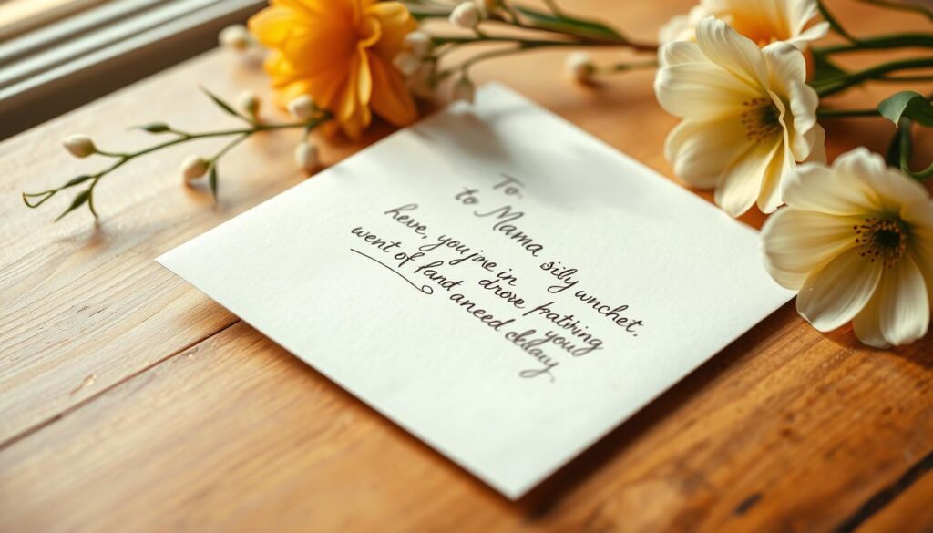 A handwritten letter with a heartfelt message resting on a wooden table, surrounded by flowers and a warm, natural light. The letter's envelope is addressed to "Mama" in elegant calligraphy, conveying a sense of affection and appreciation. The composition is balanced, with the letter as the focal point, and the soft, blurred background adding a sense of intimacy and thoughtfulness. The overall atmosphere evokes a sincere, personal moment of expressing gratitude to a beloved mother.