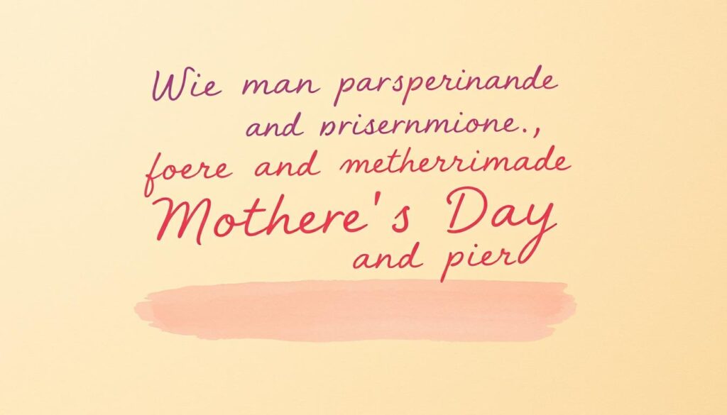 A handwritten message on a warm, textured paper background, conveying personal, heartfelt Mother's Day sentiments. Elegant cursive script in shades of pastel pink, peach, and lavender, arranged in a balanced, visually appealing composition. Subtle watercolor splashes and soft, diffused lighting create an intimate, authentic atmosphere. The message itself expresses sincere appreciation, love, and gratitude towards a mother figure, reflecting the theme of "Wie man persönliche Muttertagssprüche formuliert".