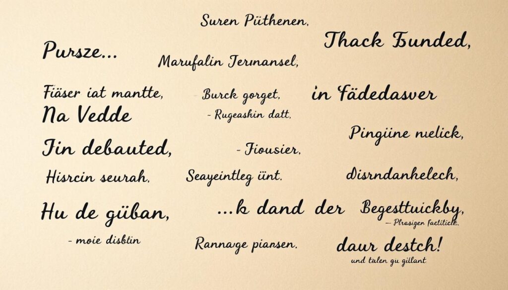 A handwritten-style background of textured paper, with short, inspirational German phrases in various fonts and sizes, arranged in a visually appealing layout. The phrases should convey positivity, encouragement, and a sense of celebration, capturing the essence of the "Kurze und prägnante Sprüche für Karten" section. Use a warm, muted color palette with hints of gold or metallic accents to create a premium, artisanal look and feel. Ensure the overall composition is balanced, visually striking, and suitable for use in the article about Mother's Day cards.