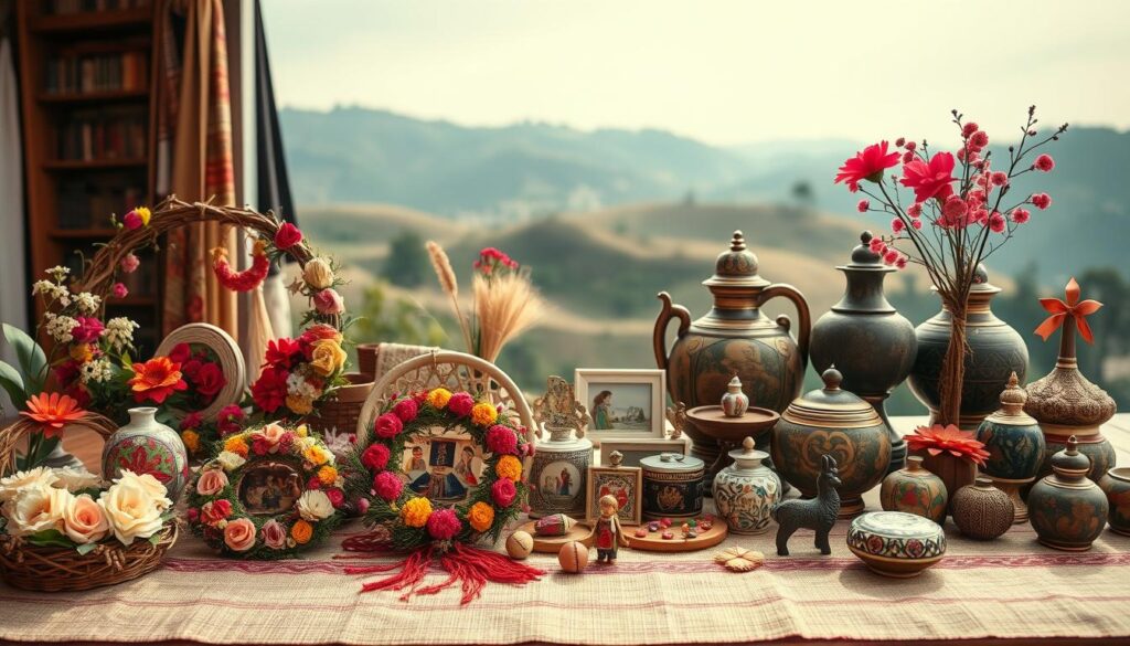 A harmonious arrangement of traditional cultural elements honoring motherhood. In the foreground, delicate floral wreaths, intricate embroidery, and handcrafted trinkets from diverse global traditions. The middle ground showcases vibrant textiles, ornate ceramic vessels, and symbols of motherly nurturing. In the background, a serene landscape with rolling hills, warm lighting, and a sense of timeless cultural heritage. The overall mood is one of reverence, nostalgia, and a celebration of the shared human experience of motherhood across cultures. Captured with a soft, dreamlike lens to evoke a timeless, contemplative atmosphere.