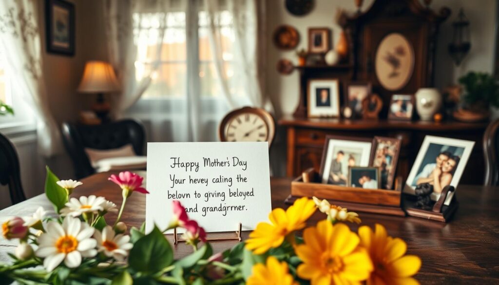 A heartfelt Mother's Day message for a beloved grandmother, captured in a warm, cozy scene. The foreground showcases a delicate bouquet of colorful flowers, perhaps freshly picked from a lush garden. In the middle ground, an antique wooden table holds a handwritten card with a heartfelt message, surrounded by personal mementos and family photographs. The background features a cozy, well-lit interior, with soft lighting filtering through lace curtains, creating a inviting and nostalgic atmosphere. The overall composition conveys a sense of love, gratitude, and the cherished bond between a grandmother and her family.