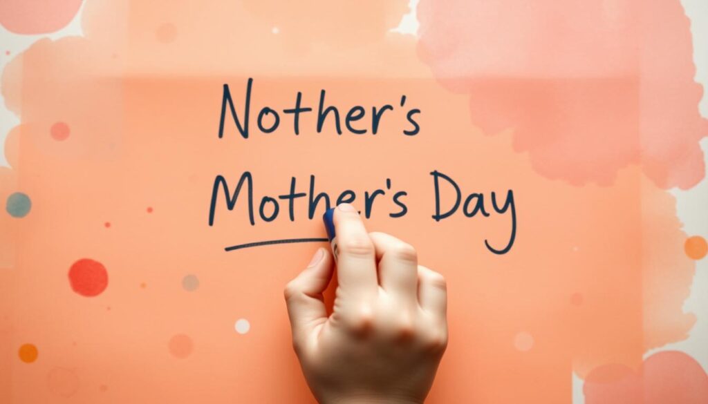 A heartfelt Mother's Day message handwritten by a child on a colorful background. In the foreground, a child's hand holding a crayon or marker, creating a simple but sincere message of love and appreciation for their mother. The background is warm and inviting, with playful watercolor splatters or textured paper, hinting at the creativity and innocence of a child's perspective. The lighting is soft and diffused, creating a cozy, intimate atmosphere. The composition is centered and balanced, guiding the viewer's attention to the heartfelt message. The overall mood is one of genuine affection, showcasing the special bond between a mother and child.