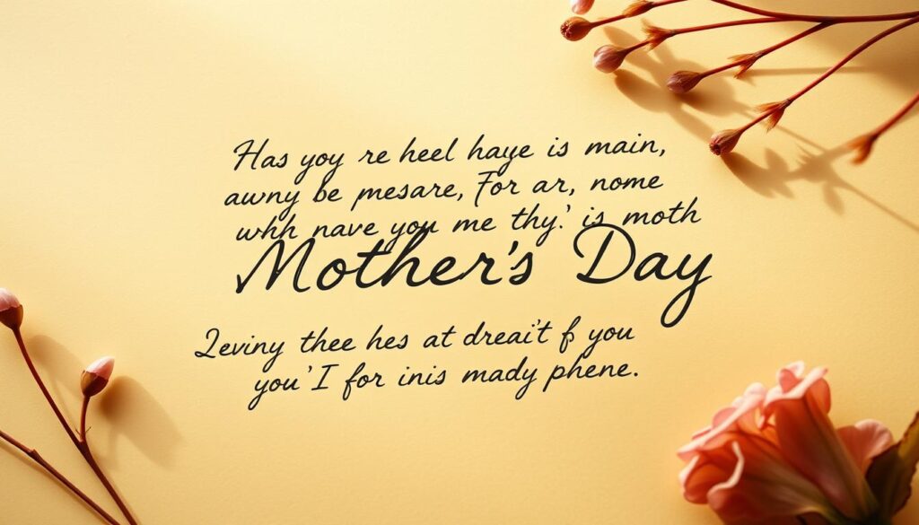 A heartfelt Mother's Day message handwritten in elegant cursive on a warm beige paper background. The text is thoughtfully composed, conveying genuine appreciation and admiration for the recipient's motherly qualities. Soft, natural lighting casts a gentle glow, creating a sentimental, serene atmosphere. The composition is balanced, with the message taking center stage, surrounded by subtle floral or botanical elements in muted colors to complement the overall mood. The image captures the essence of a man's sincere tribute to the most important woman in his life.