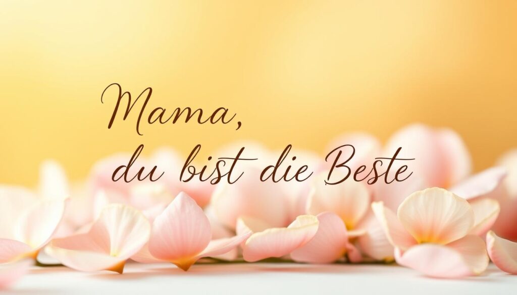 A heartfelt Mother's Day message presented in a delicate, handwritten calligraphic style. The foreground features an elegant script with the words "Mama, du bist die Beste" elegantly penned in an intricate, cursive font. In the middle ground, soft, pastel-colored flower petals gently drift and swirl, adding a touch of natural beauty and femininity. The background is a warm, golden-toned gradient, evoking a sense of love, joy, and appreciation. The overall composition conveys a feeling of tenderness, appreciation, and the special bond between a mother and child.