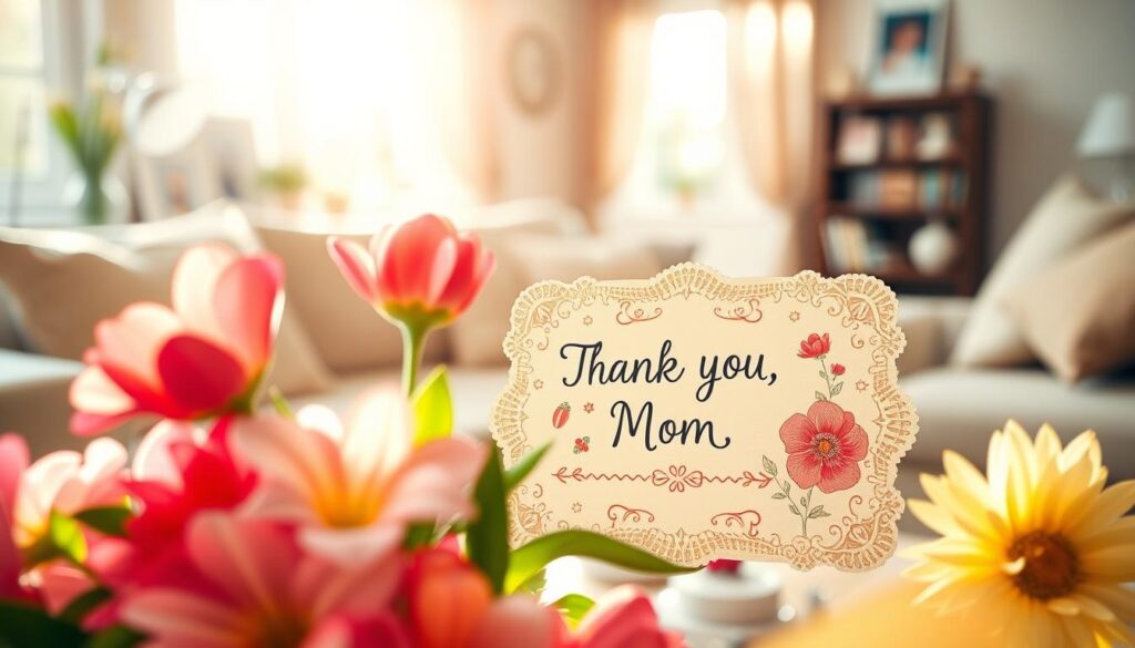 A heartfelt Mother's Day scene, captured in a soft, warm light. In the foreground, a bouquet of vibrant flowers, petals gently swaying. In the middle, a handwritten card with a heartfelt "Thank you, Mom" message, surrounded by delicate lace and intricate floral illustrations. The background showcases a cozy, inviting living room, with plush textiles, family photos, and a sunlit window, creating a comforting, appreciative atmosphere. The overall composition evokes a sense of gratitude, love, and the cherished bond between a mother and child.
