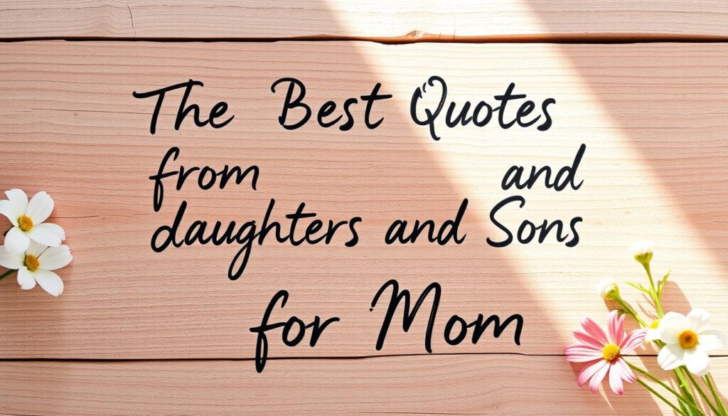 A heartfelt and thoughtful handwritten message on a rustic wooden surface, illuminated by soft natural lighting. The message reads "The Best Quotes from Daughters and Sons for Mom" in a flowing, elegant script. The background is a warm, inviting mix of pastel hues, evoking a sense of love and appreciation. The composition is balanced, with the message as the clear focal point, surrounded by delicate floral elements that add a gentle, feminine touch. The overall aesthetic is one of sincerity, intimacy, and celebration of the special bond between children and their mother.