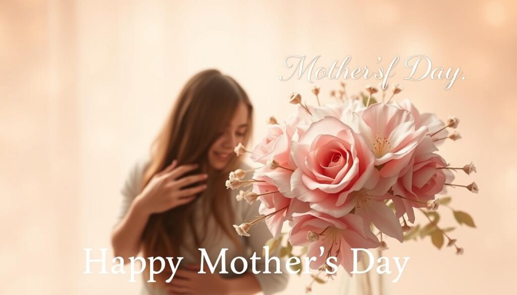 A heartfelt and visually striking collage of heartwarming mother's day sentiments. In the foreground, a serene and tender embrace between a mother and child, conveying the deep bond and unconditional love. In the middle ground, a delicate floral arrangement in soft, pastel hues, symbolizing the beauty and fragility of motherhood. The background evokes a dreamy, ethereal atmosphere with muted, warm lighting, creating a soothing and comforting mood. The overall composition radiates gratitude, appreciation, and the profound significance of the mother-child relationship.