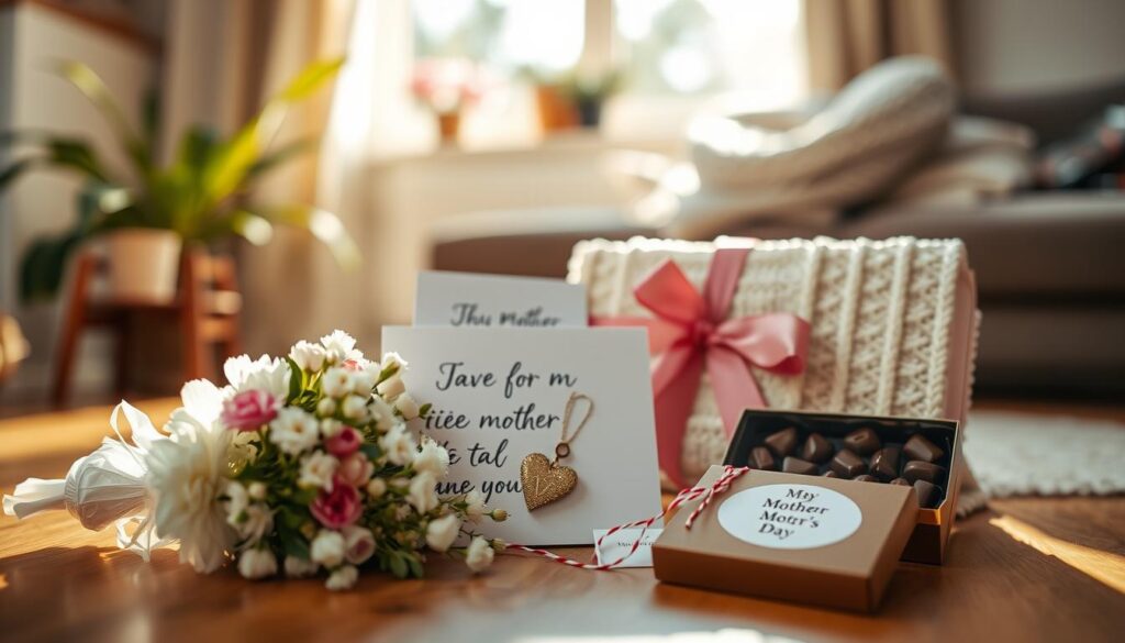 A heartfelt collection of Mother's Day gifts arranged with care, bathed in warm, natural light and captured from a low angle. In the foreground, a delicate floral bouquet, a handmade card, and a sentimental trinket, all symbolizing a daughter's appreciation for her mother's unwavering support. The middle ground features a cozy knitted scarf and a thoughtful box of chocolates, reflecting the comfort and nourishment a mother provides. In the background, a serene, blurred setting evokes a sense of home and family, underscoring the profound gratitude conveyed through these Muttertagsgeschenke.