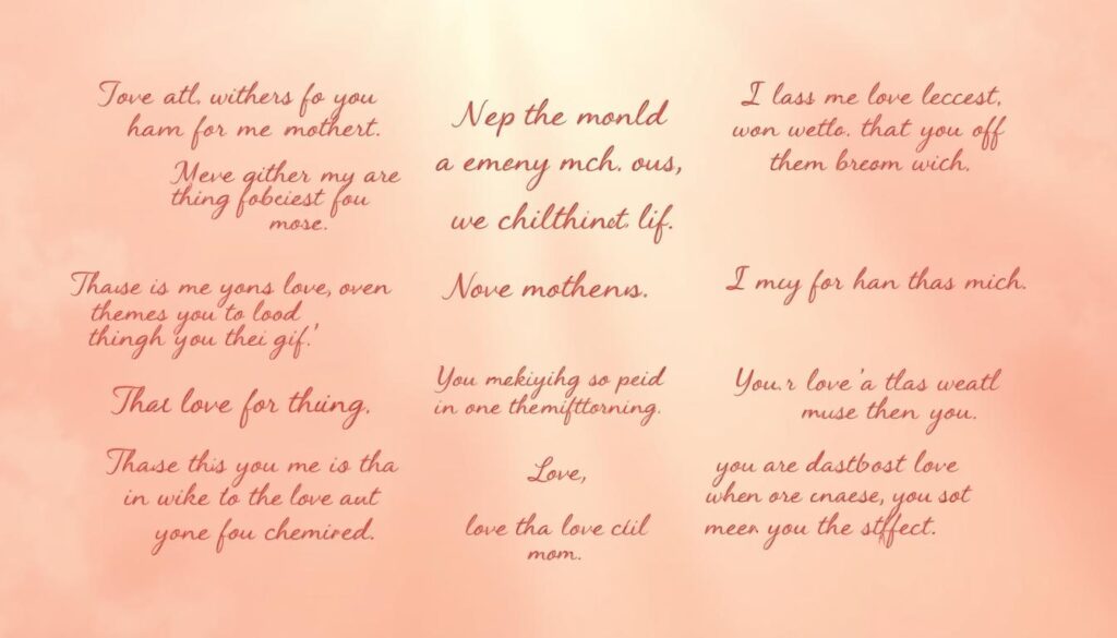 A heartfelt collection of emotional motherhood quotes, handwritten in a delicate cursive script, drifting across a soft, pastel-hued background. The phrases, rendered in shades of pink, peach, and lavender, convey the profound love, gratitude, and appreciation that children hold for their mothers. Rays of warm, golden light gently illuminate the scene, creating a serene, ethereal atmosphere. The composition is balanced and harmonious, with the text elegantly flowing across the frame, evoking a sense of genuine sentiment and tender connection.