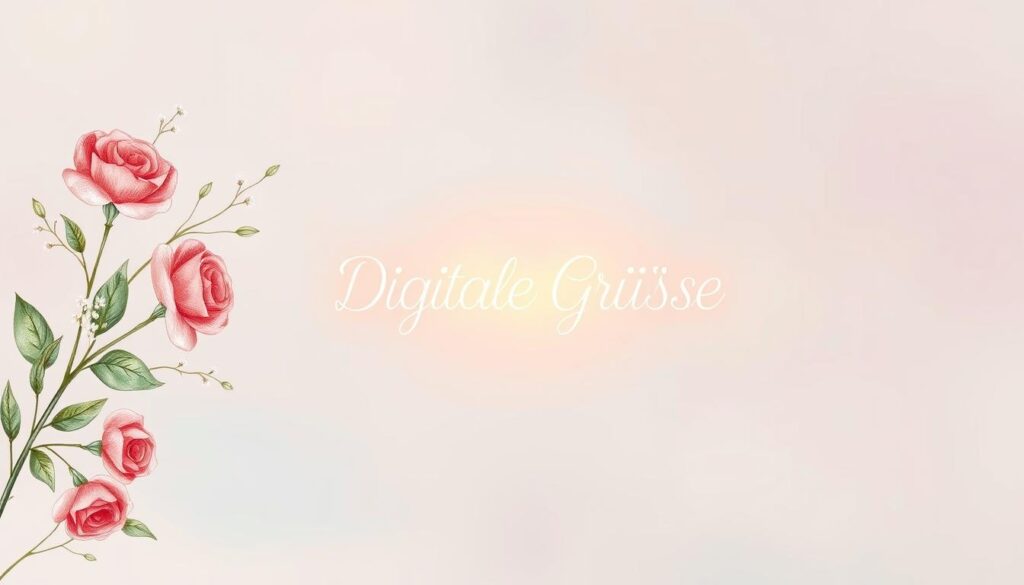 A heartfelt digital greeting against a soft, pastel-hued background. In the foreground, a delicate arrangement of hand-drawn floral elements - roses, lilies, and baby's breath - dance across the screen, their petals and leaves rendered with a painterly, almost watercolor-like quality. The middle ground features a central message in an elegant, cursive font that reads "Digitale Grüße" (Digital Greetings), with a warm, golden glow emanating from behind the text, creating a sense of radiance and affection. In the background, a subtle gradient of complementary colors, perhaps light blues and pinks, evoke a serene, tranquil atmosphere, perfect for conveying a loving message to a cherished grandmother on Mother's Day.