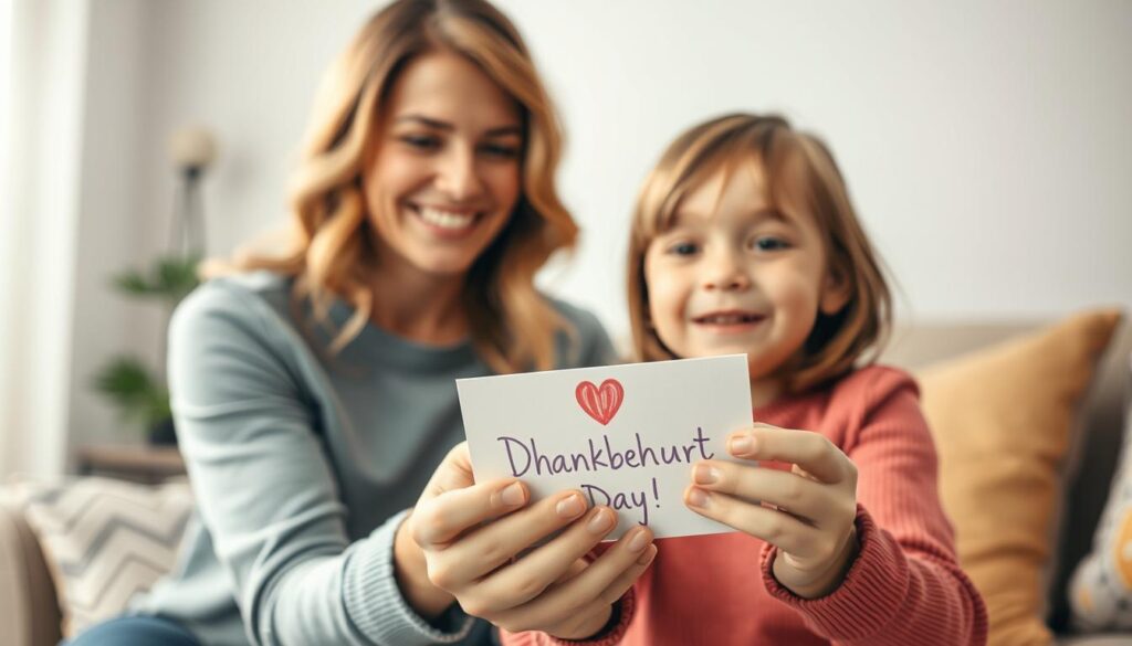 A heartfelt expression of gratitude, a mother's day scene. In the foreground, a young child holds a handmade card, their small hands offering it to their loving mother, eyes filled with pure joy. The mother, captured in a mid-shot, receives the gift with a warm, radiant smile, her gaze reflecting the deep appreciation and connection between them. The background depicts a cozy, well-lit living room, with soft, diffused lighting casting a gentle glow on the tender moment. The color palette is vibrant yet soothing, with earthy tones and natural textures, conveying a sense of comfort and intimacy. The overall scene exudes a feeling of genuine, authentic Dankbarkeit - a heartfelt celebration of the unbreakable bond between a mother and child.