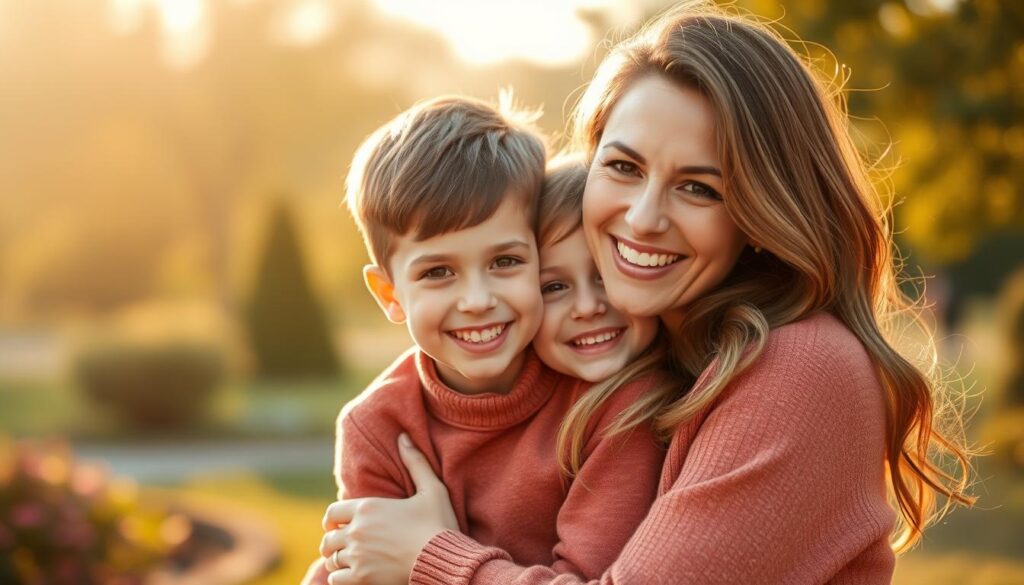 A heartfelt family portrait in a warm, golden-hour setting. In the foreground, a joyful mother embraced by her children - a young boy and girl smiling brightly. The family is posed casually, yet elegantly, against a softly blurred background of a serene garden or park. Gentle, directional lighting casts a flattering glow on their faces, highlighting their loving expressions. The overall mood is one of cherished connection, perfect for capturing a treasured Muttertag memory.