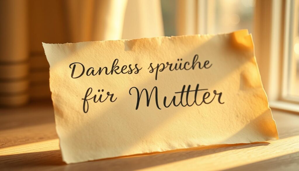 A heartfelt, hand-written "Dankessprüche für Mütter" on a delicate parchment paper, illuminated by a warm, golden glow. The calligraphic text flows gracefully, expressing sincere gratitude for a mother's unwavering love and selfless acts. Soft, diffused light filters through an open window, casting gentle shadows and highlighting the organic texture of the paper. The composition features a minimalist, elegant design, allowing the heartfelt message to take center stage. The overall mood is one of reverence, appreciation, and a deep emotional connection between a child and their mother.