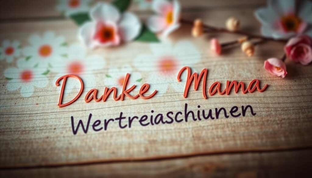 A heartfelt, handwritten message on a rustic wooden surface, reading "Danke Mama Wertschätzung" in an elegant, calligraphic script. The words appear in a warm, inviting color palette, with gentle shadows and highlights that convey a sense of depth and texture. The background features a soft, blurred floral pattern, adding a touch of organic beauty and emphasizing the central message. The overall composition is balanced and visually appealing, creating a serene, thoughtful atmosphere that reflects the sentiment of gratitude and appreciation for a mother's love.