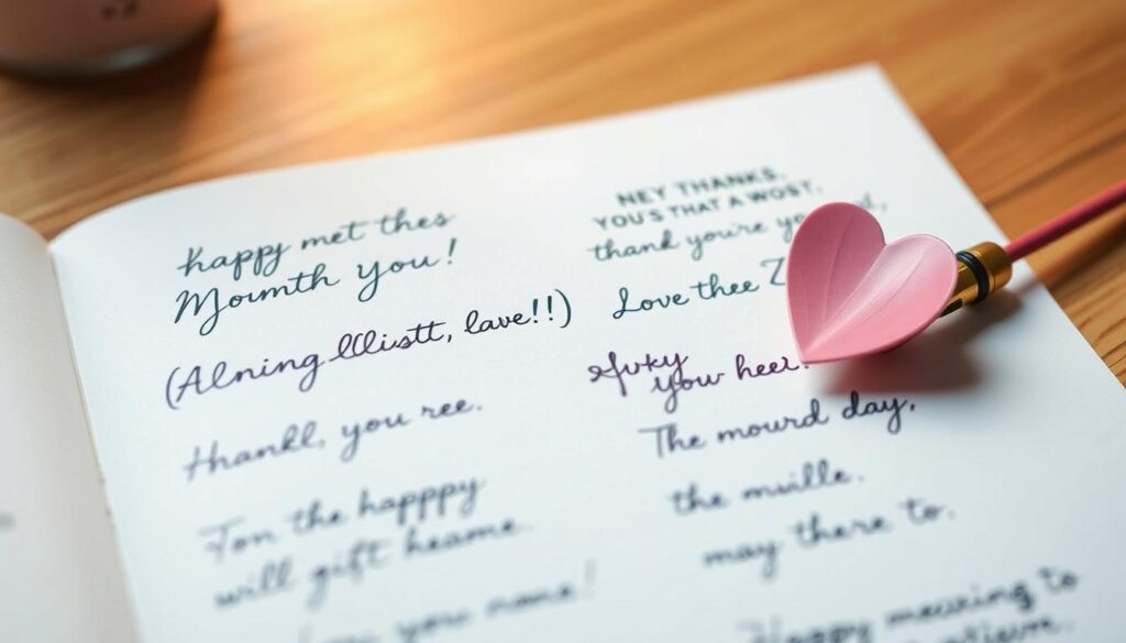 A heartfelt handwritten page with elegant cursive script showcasing personal Mother's Day messages. The page is set against a warm, soft-focus background, perhaps a wooden table or textured paper. The messages convey gratitude, love, and appreciation, each one unique and heartfelt. The lighting is gentle, creating a serene, intimate atmosphere. The overall impression is one of sincerity and thoughtfulness, reflecting the deep connection between a mother and child. The composition is balanced, allowing the handwritten messages to be the focal point, without any distracting elements.