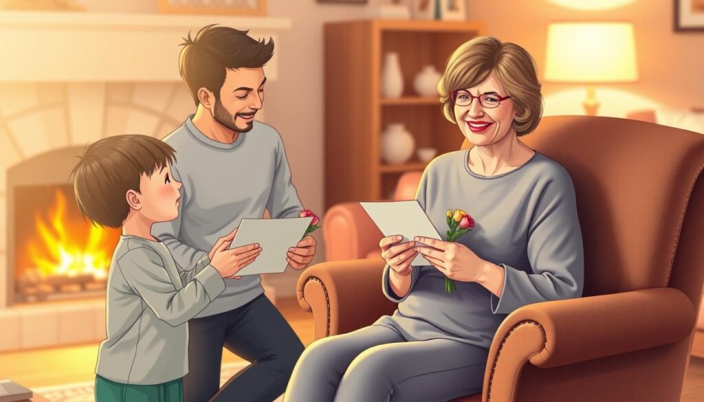 A heartfelt illustration of gratitude from adult children to their mothers. A warm, cozy living room setting with a fireplace glowing in the background, casting a soft, golden light across the scene. In the foreground, an adult son and daughter present handwritten notes and small bouquets of flowers to their smiling, gracious mother, who is seated comfortably in an armchair. The composition exudes a sense of familial love, appreciation, and cherished memories. The mood is serene, intimate, and emotionally resonant, capturing the sentimental essence of "Dankessprüche für Erwachsene" dedicated to nurturing maternal figures.