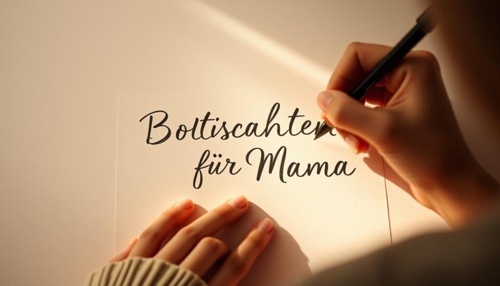A heartfelt message for mother, handwritten with love. A warm, soft-focus scene set against a simple, minimal background. A woman's hands carefully penning the words "Botschaften für Mama" with a delicate calligraphic script, the message emanating a sense of care and thoughtfulness. Gentle, natural lighting casts a cozy, intimate glow, evoking a serene, tender atmosphere. The composition is balanced, with the text centrally placed and framed by the supporting elements. Overall, the image conveys a sincere, affectionate sentiment, capturing the thoughtful gesture of a partner expressing appreciation for their mother on Mother's Day.
