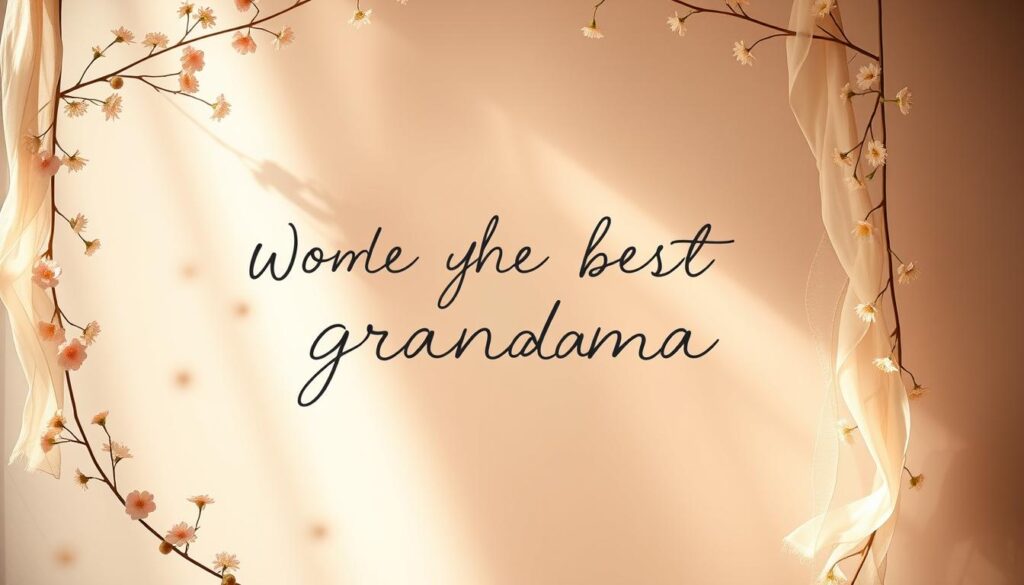 A heartfelt message for the world's best grandma, lovingly handwritten in looping cursive against a serene backdrop. Delicate floral garlands in soft pastel hues frame the tender sentiment, as if woven by loving hands. A gentle shaft of warm, golden light bathes the scene, imbuing it with a sense of timeless comfort and joy. Wisps of translucent fabric drift lazily, adding a touch of ethereal grace. The overall composition exudes an atmosphere of deep affection and cherished memories shared between a grandchild and their beloved grandmother.