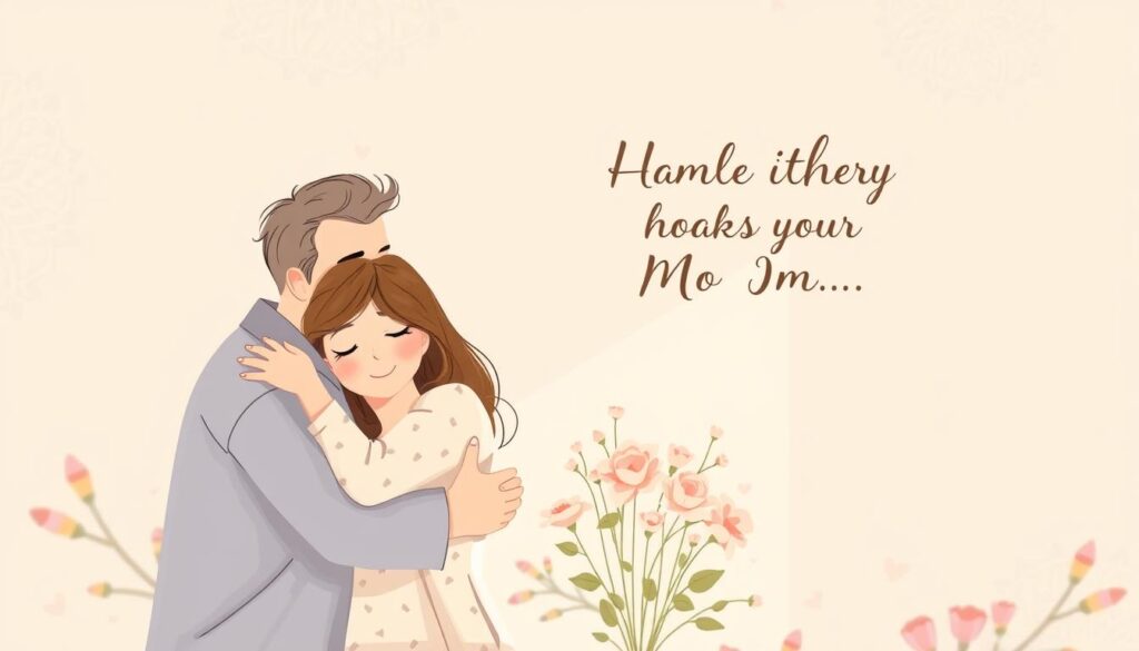 A heartfelt message of gratitude for a mother, conveyed through a warm, intimate illustration. In the foreground, a serene, loving embrace between a partner and their maternal figure, their expressions radiating genuine appreciation and affection. The middle ground features a delicate floral arrangement, symbolic of the nurturing, life-giving nature of motherhood. The background is a soft, pastel-hued setting, conveying a sense of comfort, security, and the cherished bond between a family. The lighting is soft and diffused, creating a cozy, intimate atmosphere that reflects the sentiment of the message. Subtle, natural textures and a harmonious color palette contribute to the overall mood of the image.