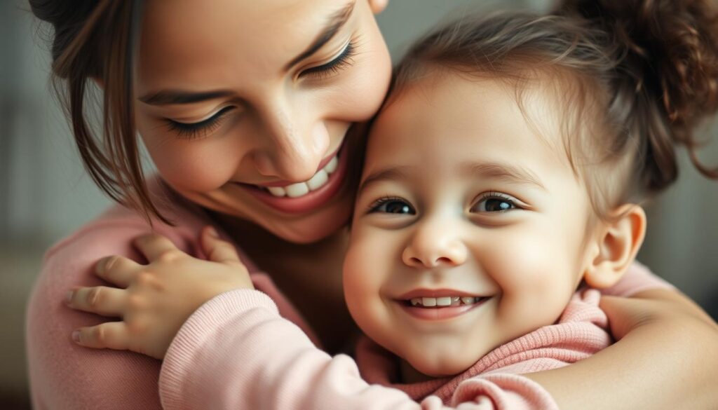 A heartfelt mother and child embrace, their expressions radiating warmth and gratitude. The mother's gentle smile and the child's content gaze convey the depth of their connection. Soft, natural lighting bathes the scene, highlighting the tenderness of the moment. The background is subtly blurred, keeping the focus on the pair's soulful connection. This intimate portrait captures the essence of cherishing and appreciating the bond between a mother and her child.