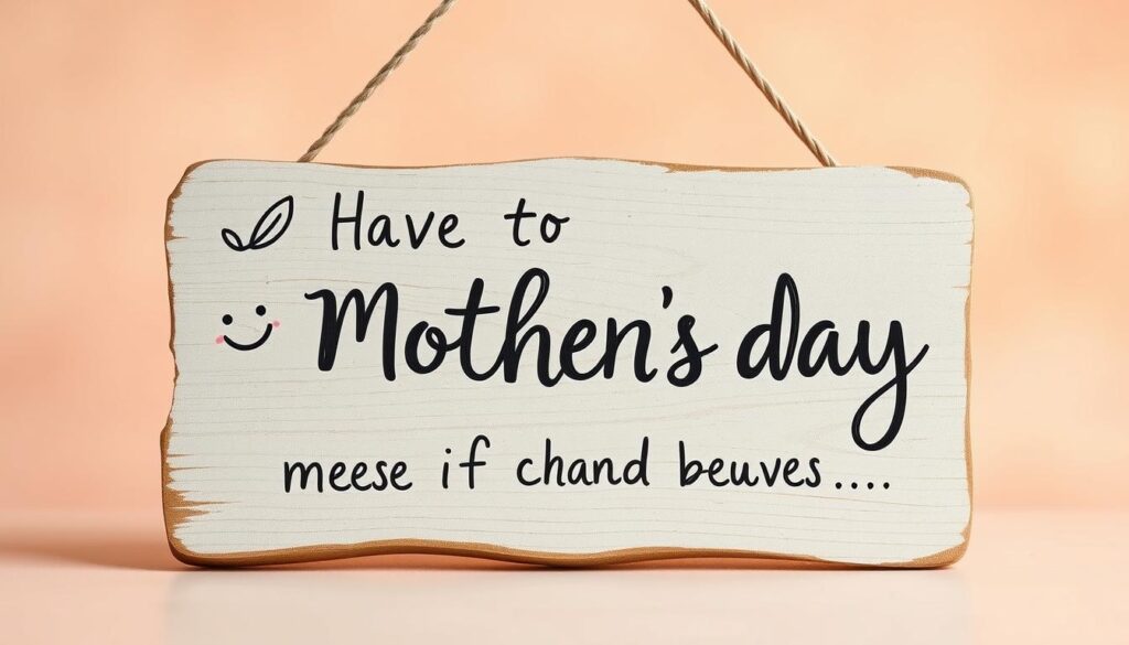 A heartfelt mother's day message displayed on a whimsical, hand-drawn sign against a warm, pastel-tinted backdrop. The sign is made of distressed wood with a rustic, weathered texture, featuring a charming illustration of a smiling flower or leaf motif in the corner. The message is written in a flowing, calligraphic font with a touch of playfulness, conveying a thoughtful, emotional sentiment with a humorous twist. Soft, diffused lighting creates a cozy, intimate atmosphere, while the composition is balanced and visually appealing, drawing the viewer's attention to the meaningful message.