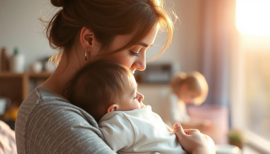 A heartfelt portrait of a mother's role in life, bathed in warm, golden light. In the foreground, a caring mother tenderly embraces her child, their bond palpable. The middle ground depicts a serene domestic scene, with the mother engaged in everyday tasks that nurture and support her family. In the background, a softly blurred landscape symbolizes the mother's guiding presence throughout life's journey. The image conveys the profound significance of a mother's love, guidance, and unwavering devotion, capturing the essence of her transformative role in shaping the lives of those she holds dear.