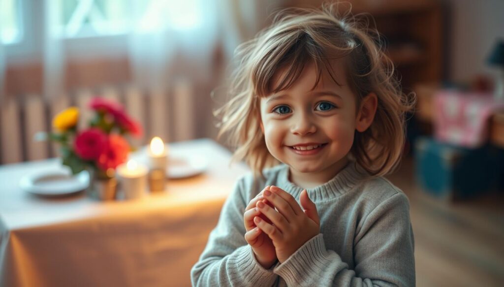 A heartfelt portrait of a young child's earnest gratitude. In the warm, softly-lit foreground, a small, smiling girl stands with hands clasped, her face radiant with genuine appreciation. Her eyes shine with an innocent wonder, conveying a pure, childlike thankfulness. The middle ground depicts a cozy, domestic scene - a neatly arranged table, a simple bouquet of flowers, and other humble elements that symbolize the comforts of home. The background fades into a hazy, dreamlike quality, evoking a sense of childhood nostalgia and the precious, fleeting nature of these moments. Captured with a shallow depth of field, the focus draws the viewer's attention to the child's sincere expression, the essence of "kinderliche Dankbarkeit" distilled in a single, heartwarming image.