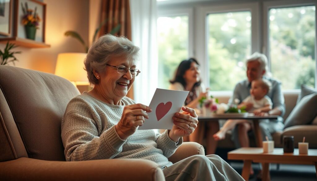 A heartfelt scene of a family celebration on Mother's Day. In the foreground, an elderly woman sits in a comfortable armchair, her face beaming with joy as she admires a handcrafted card presented by a young child. The middle ground features a cozy living room setting, with warm lighting casting a soft glow and family members gathered around, expressions radiating gratitude and appreciation. In the background, a window overlooks a serene garden, symbolizing the nourishing and nurturing essence of motherhood. The atmosphere conveys the profound significance of Muttertagsgrüße, where expressions of love and thankfulness take center stage.