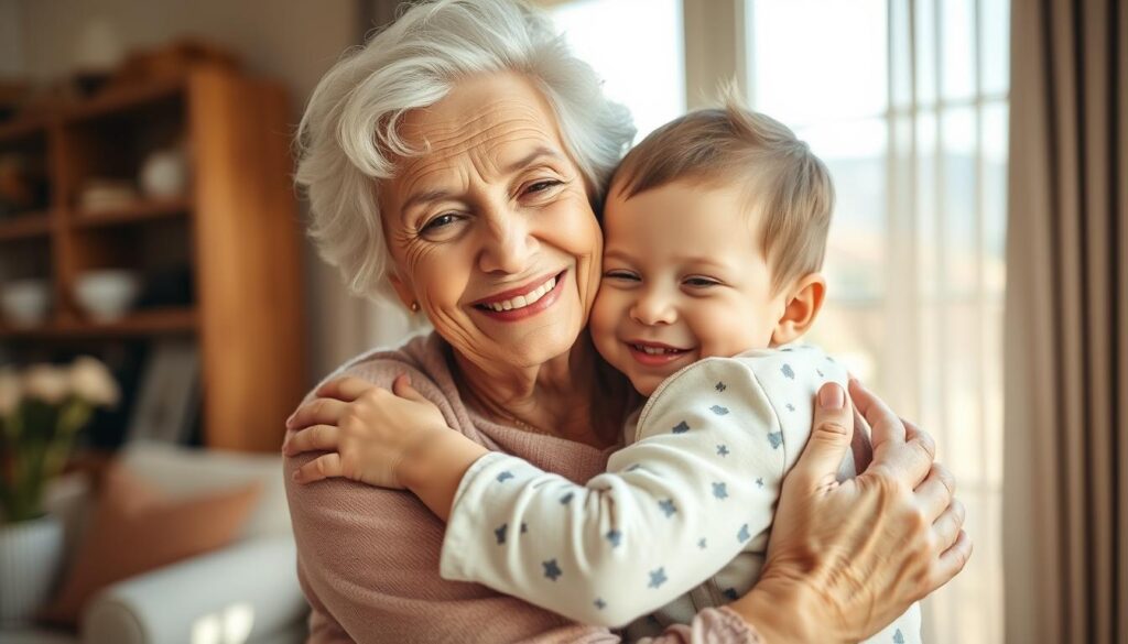 A heartfelt scene of a grandmother and grandchild embracing, capturing the warmth and gratitude of Mother's Day. The grandmother, with a gentle, loving expression, holds the child close, their faces radiating pure joy and appreciation. Soft, natural lighting filters through a window, casting a serene, ethereal glow. The background is a cozy, inviting interior, with subtle details that convey a sense of family and tradition. The composition emphasizes the emotional connection, framing the subjects in a intimate, close-up perspective that draws the viewer into the moment of cherished affection and thankfulness.