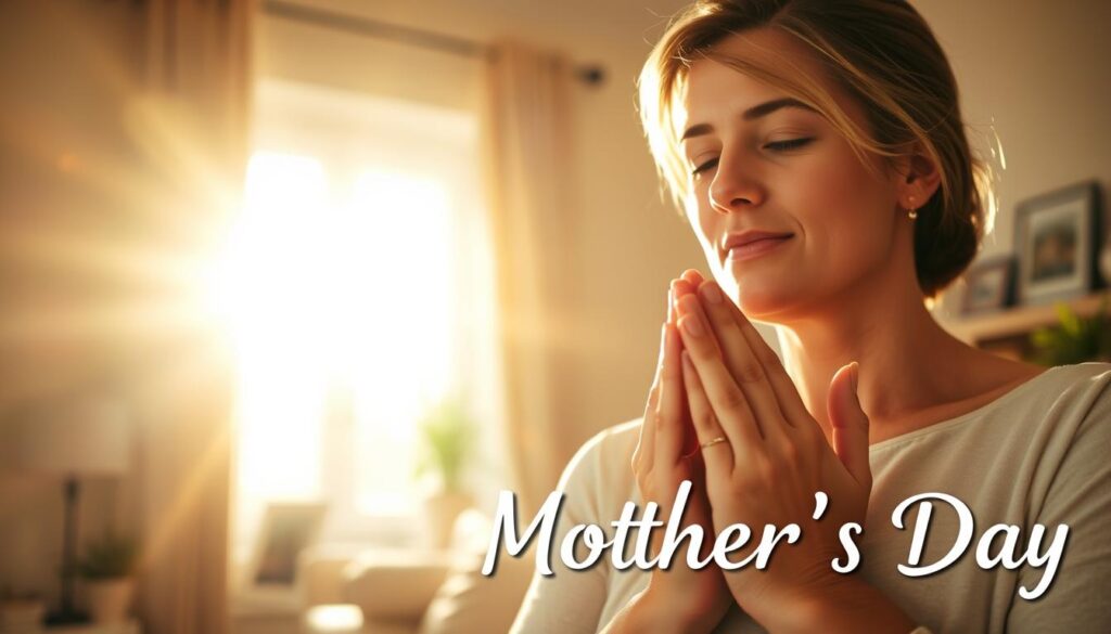 A heartfelt scene of a woman clasping her hands in gratitude, bathed in warm afternoon light streaming through a window. The foreground features her serene face, eyes closed in a moment of reverence, surrounded by a soft focus blur. In the middle ground, her palms are pressed together in a prayer-like gesture, conveying a sense of humble appreciation. The background depicts a cozy, well-appointed living room, with subtle hints of potted plants and family photographs, creating an atmosphere of domestic contentment. The overall mood is one of sincere thankfulness, reflecting the deep significance of Mother's Day.