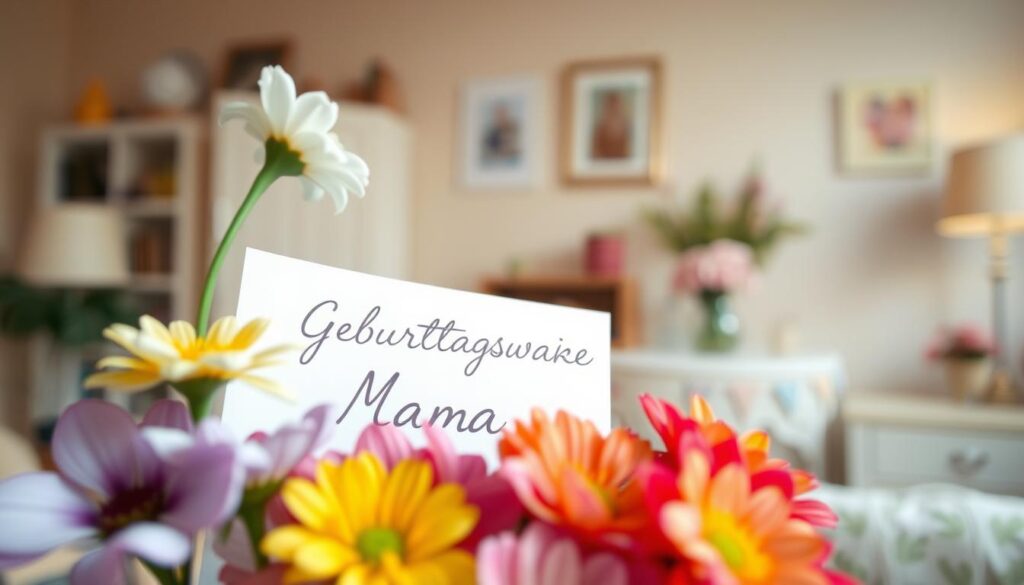 A heartfelt scene of birthday wishes for a beloved mother. In the foreground, a bouquet of colorful flowers in soft lighting, petals delicately unfurled. The middle ground features a handwritten card, the words "Geburtstagswünsche Mama" elegantly inscribed in calligraphy. In the background, a warm, pastel-hued room, with subtle hints of personal touches that convey the mother's nurturing presence. The overall atmosphere is one of tenderness, appreciation, and the sincere, unconditional love between a child and their mother.