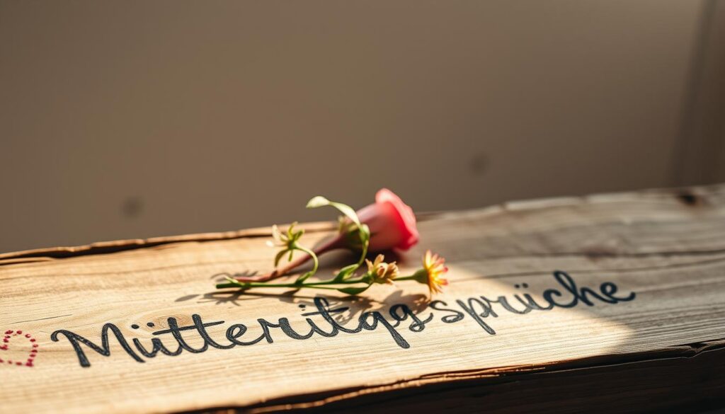 A heartfelt, serene composition depicting handwritten "Muttertagssprüche" on a rustic wooden surface. The words are artfully arranged, conveying messages of gratitude, love, and appreciation for a mother's unwavering care. Soft, natural lighting casts a warm glow, creating an intimate and reflective atmosphere. The foreground features the beautifully scripted phrases, while the middle ground showcases delicate floral accents, such as freshly picked wildflowers or a single rose, symbolizing the beauty and significance of motherhood. The background blends into a subtly blurred, neutral backdrop, allowing the heartfelt sentiments to take center stage. This image evokes a sense of reverence, cherishing the profound bond between a mother and child.