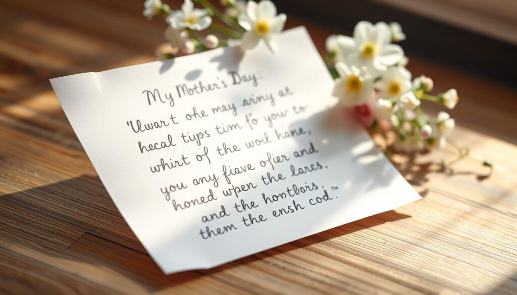 A heartwarming Mother's Day poem, handwritten on a soft pastel-colored paper, resting on a wooden table. The background features a delicate floral arrangement, with gentle lighting casting a warm, soothing glow. The poem is penned in a whimsical, child-like script, conveying the sincere love and appreciation of a child for their mother. Subtle textures and light play across the scene, creating a cozy, intimate atmosphere, perfect for showcasing this special message from a child to their beloved parent.