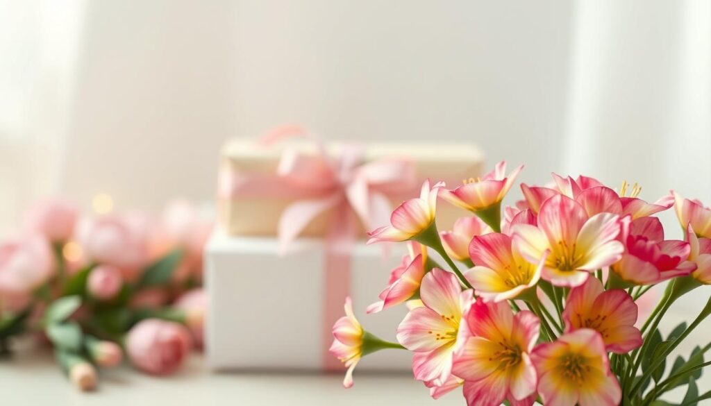 A heartwarming Mother's Day scene, captured with a soft, warm lighting. In the foreground, a delicate bouquet of fresh flowers, their vibrant petals radiating joy. In the middle ground, a thoughtfully wrapped gift, its ribbon and bow adding a touch of elegance. Behind it, a serene, minimalist background, allowing the gifts to take center stage. The overall mood is one of gratitude, appreciation, and the cherished bond between mother and child. A composition that celebrates the spirit of the occasion and the love it embodies.
