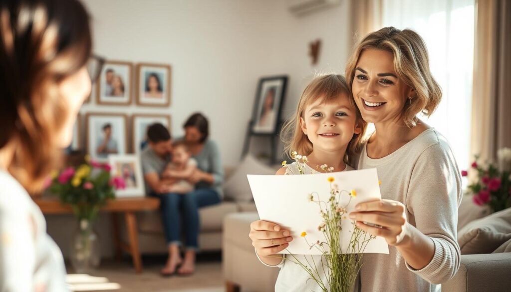 A heartwarming family gathering on a sun-dappled spring day, celebrating the unconditional love and nurturing guidance of a mother. In the foreground, a young child presents a handmade card and bouquet of wildflowers to their smiling, adoring mother, capturing the essence of Muttertag. The middle ground reveals an intimate, cozy living room, with soft natural light filtering through sheer curtains, creating a warm, inviting atmosphere. In the background, framed family portraits and a vase of freshly cut blooms accent the sense of home and togetherness. Subtle, muted tones evoke a timeless, nostalgic mood, while the candid, tender interaction between mother and child conveys the profound significance of this special occasion.