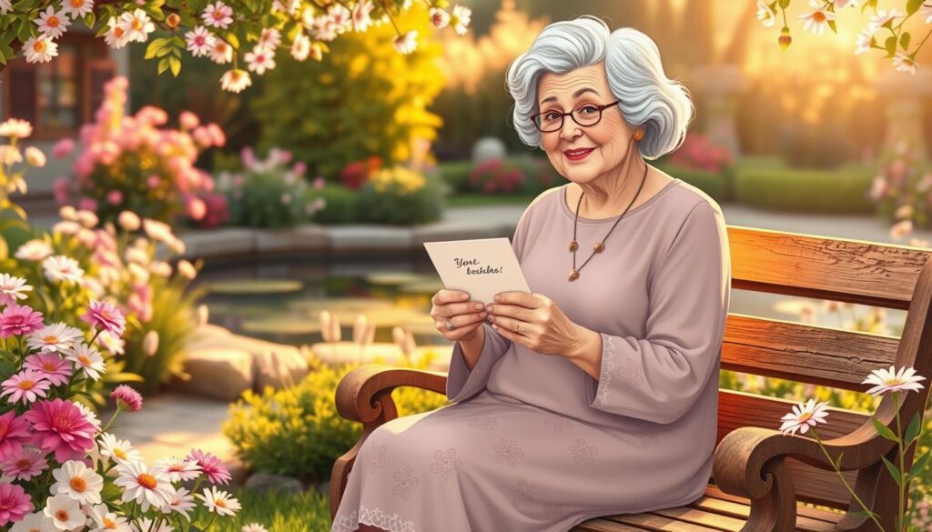 A heartwarming illustration of "Muttertagssprüche für Omas" - a grandmother sitting on a wooden bench in a charming garden, surrounded by blooming flowers and a serene pond. Her face radiates love and wisdom as she holds a handwritten card from her cherished grandchild. Warm, golden lighting caresses the scene, creating a cozy, sentimental atmosphere. The composition emphasizes the bond between the grandmother and grandchild, capturing the genuine, heartfelt sentiments of this special occasion. Attention to detail in the grandmother's expression, the card, and the lush, idyllic setting convey the sincere, cherished nature of this "Muttertagsspruch" moment.