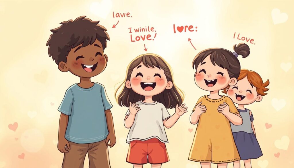 A heartwarming illustration of children's expressions of love, captured in a vibrant, whimsical scene. In the foreground, a group of young kids stand joyfully, their faces aglow with pure, innocent emotion - awe, wonder, and adoration. Their body language is animated, gesturing excitedly as they convey their affection through simple yet profound words. The middle ground features a soft, out-of-focus background, allowing the children's expressions to take center stage. Warm, natural lighting bathes the scene, creating a cozy, intimate atmosphere that evokes the tenderness of a mother's embrace. The overall composition is balanced, with a sense of movement and spontaneity that perfectly captures the authentic, heartfelt nature of children's love.