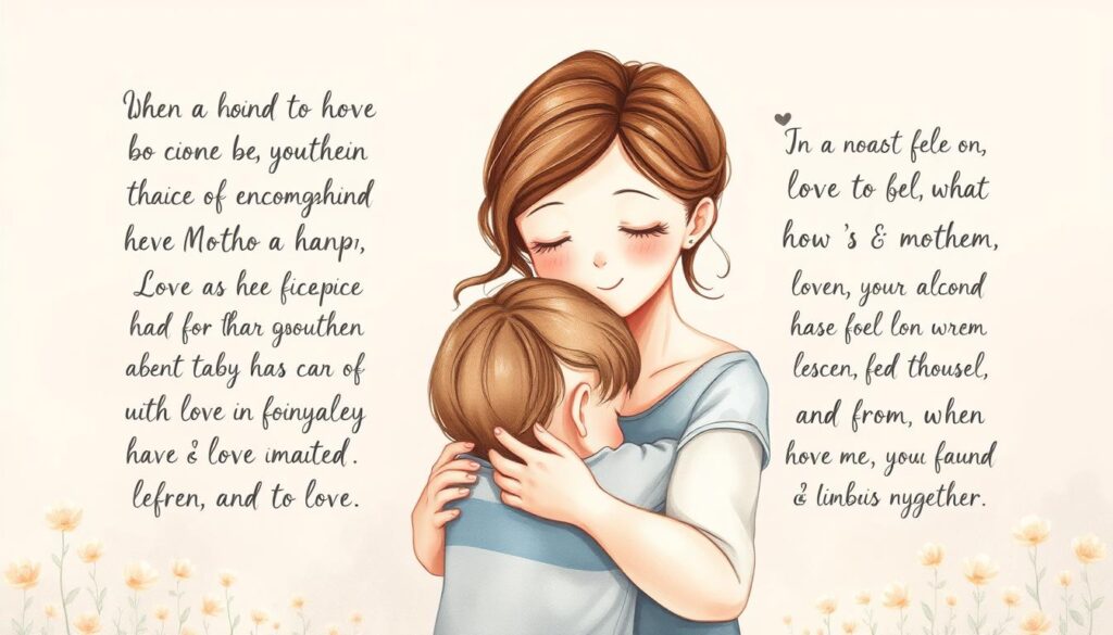 A heartwarming illustration of emotional mother's day quotes, captured in a soft, watercolor-like style. The foreground depicts a loving, empathetic mother figure with an affectionate, comforting expression, tenderly embracing her child. The middle ground features a series of handwritten, cursive script phrases conveying maternal love, strength, and encouragement. The background is a muted, pastel-toned scene evoking a sense of warmth, intimacy, and nostalgic sentimentality. Muted lighting creates a cozy, reflective atmosphere, while a slightly hazy, dreamlike lens effect enhances the emotional, tear-inducing quality of the image.