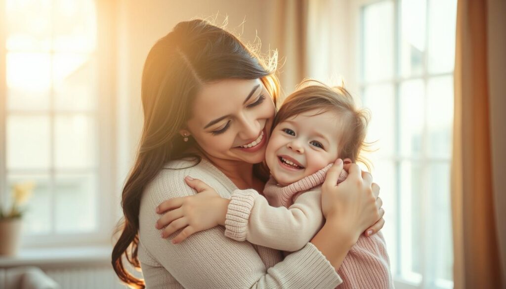 A heartwarming mother and child embracing in a warm, soft-lit scene. The mother's loving gaze and gentle touch convey her deep affection, while the child radiates pure joy and contentment. Pastel hues and a blurred, dreamlike background create an atmosphere of tenderness and intimacy. Sunlight filters through a window, casting a comforting glow over the pair. Their pose and expressions evoke the profound meaning of love, care, and appreciation between a mother and her beloved child.