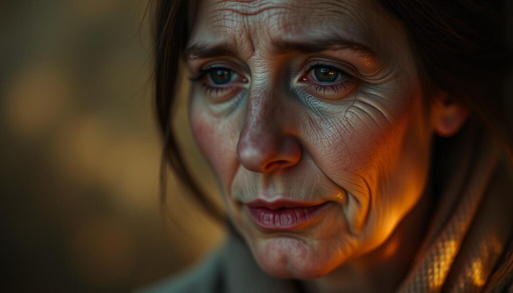 A heartwarming portrait of a mother, her face etched with tenderness and melancholy. A soft glow illuminates her features, casting a serene, emotional atmosphere. Delicate brushstrokes convey the depth of her maternal love, her eyes conveying a bittersweet mix of joy and sorrow. The background fades into a hazy, dreamlike realm, allowing the viewer to focus on the mother's emotive expression. Captured in a contemplative moment, this image evokes the profound, tear-inducing sentiment of "Mama Sprüche zum Weinen" - the most poignant motherly sayings that tug at the heartstrings.