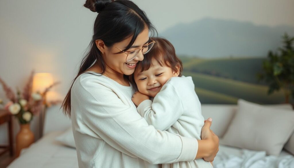 A heartwarming scene depicting the significance of Mother's Day. In the foreground, a mother and child embrace tenderly, their warm expressions conveying the deep bond and gratitude between them. The middle ground features a cozy domestic setting, with subtle floral arrangements and soft lighting creating an atmosphere of comfort and reverence. In the background, a hazy, dreamlike landscape hints at the timeless, universal nature of this special occasion. The composition invites the viewer to pause and reflect on the profound importance of motherhood and the cherished moments shared between a parent and child.