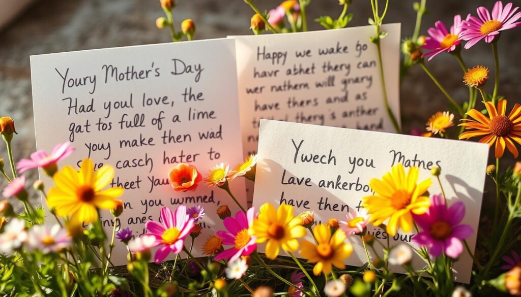 A heartwarming scene of a child's handwritten Mother's Day notes, surrounded by colorful wildflowers and greenery. The text appears in a playful, childlike script, conveying sincere, heartfelt messages of love and appreciation. The image is bathed in soft, warm lighting, creating a cozy, intimate atmosphere. The composition is balanced, with the notes and flowers filling the foreground, while the background fades into a gentle, blurred landscape. The overall mood is one of pure, innocent joy and adoration - a genuine expression of a child's pure affection for their mother.