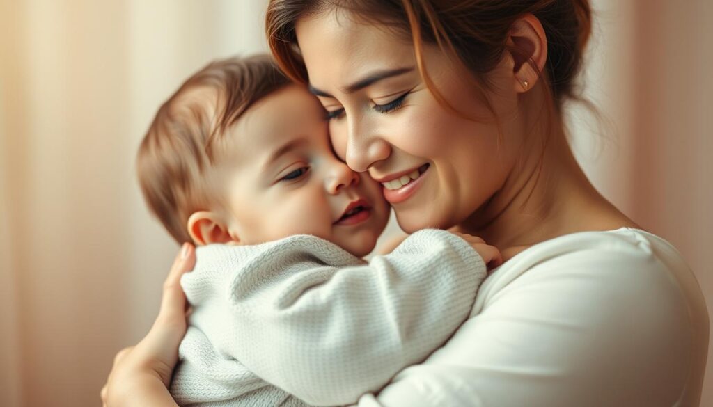 A heartwarming scene of a mother and child, captured in a soft, ethereal light. The mother's face radiates a serene, loving expression as she gently embraces her child, their bond palpable. The background is a blurred, pastel-hued setting, creating a sense of intimacy and timelessness. The composition is balanced, with the figures positioned centrally, allowing the viewer to focus on the profound, touching moment between them. The overall mood is one of profound, unconditional love, reflecting the timeless, quintessential nature of motherhood.